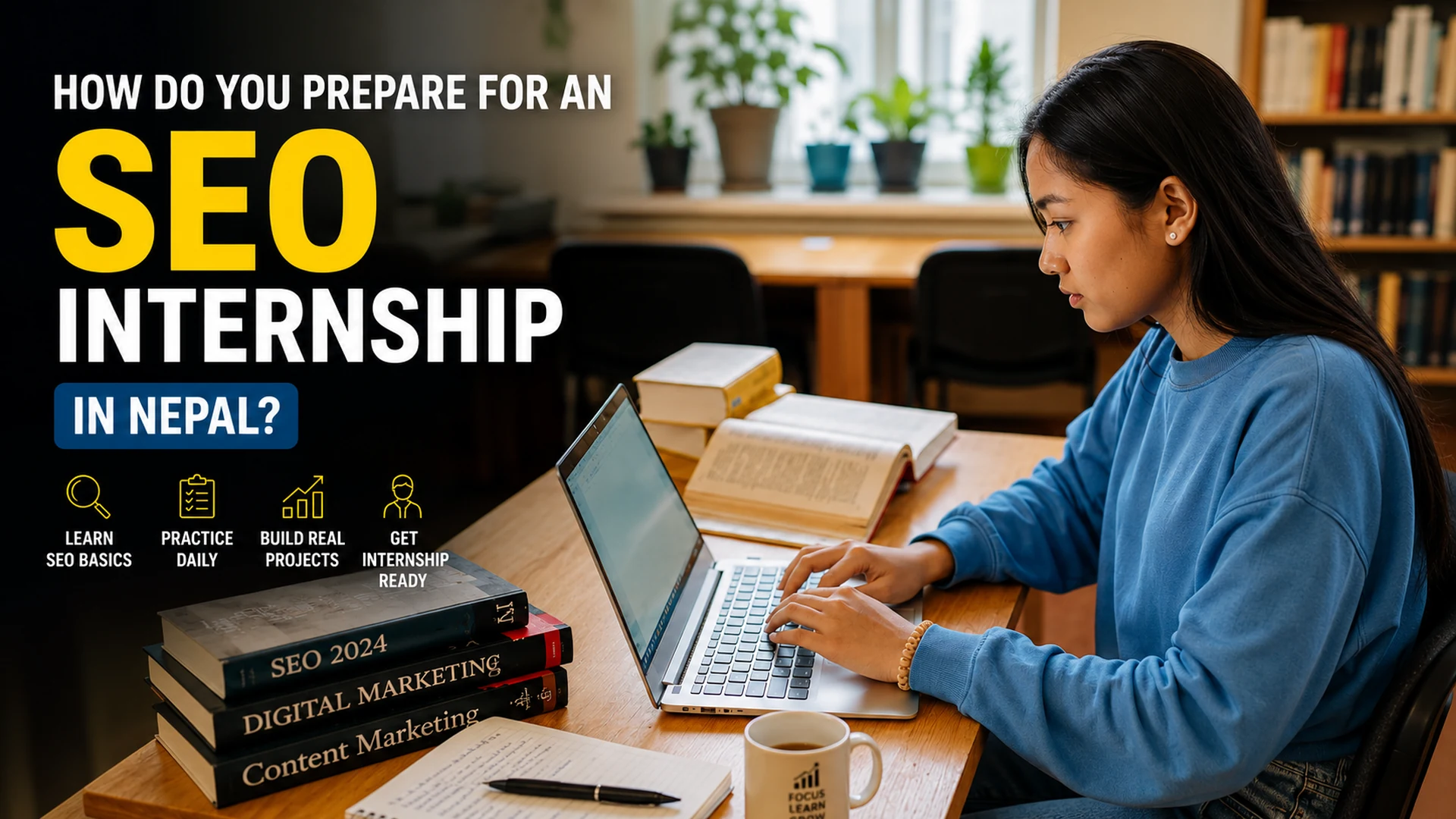 Beginner student preparing for an SEO internship in Nepal with laptop and study materials