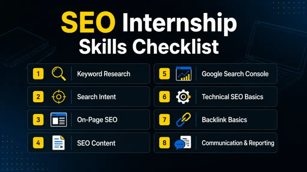 SEO internship in Nepal skills checklist for keyword research, on-page SEO, Search Console, and reporting