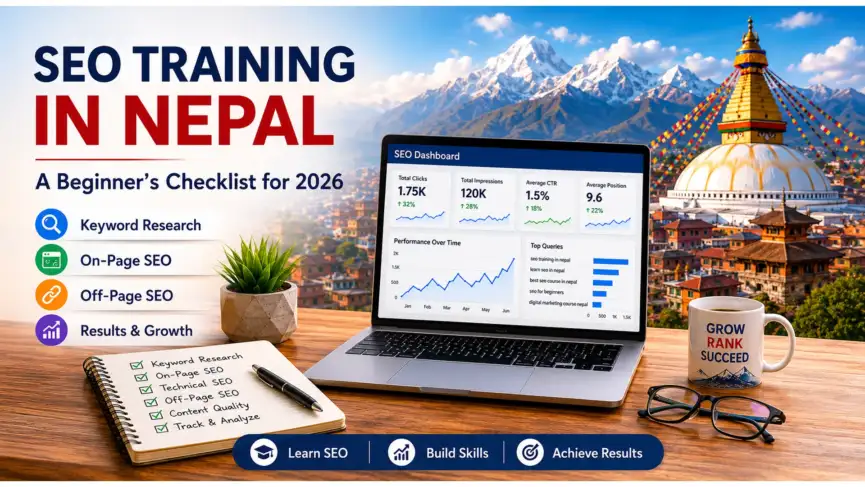 SEO training in Nepal beginner checklist with laptop dashboard and learning icons