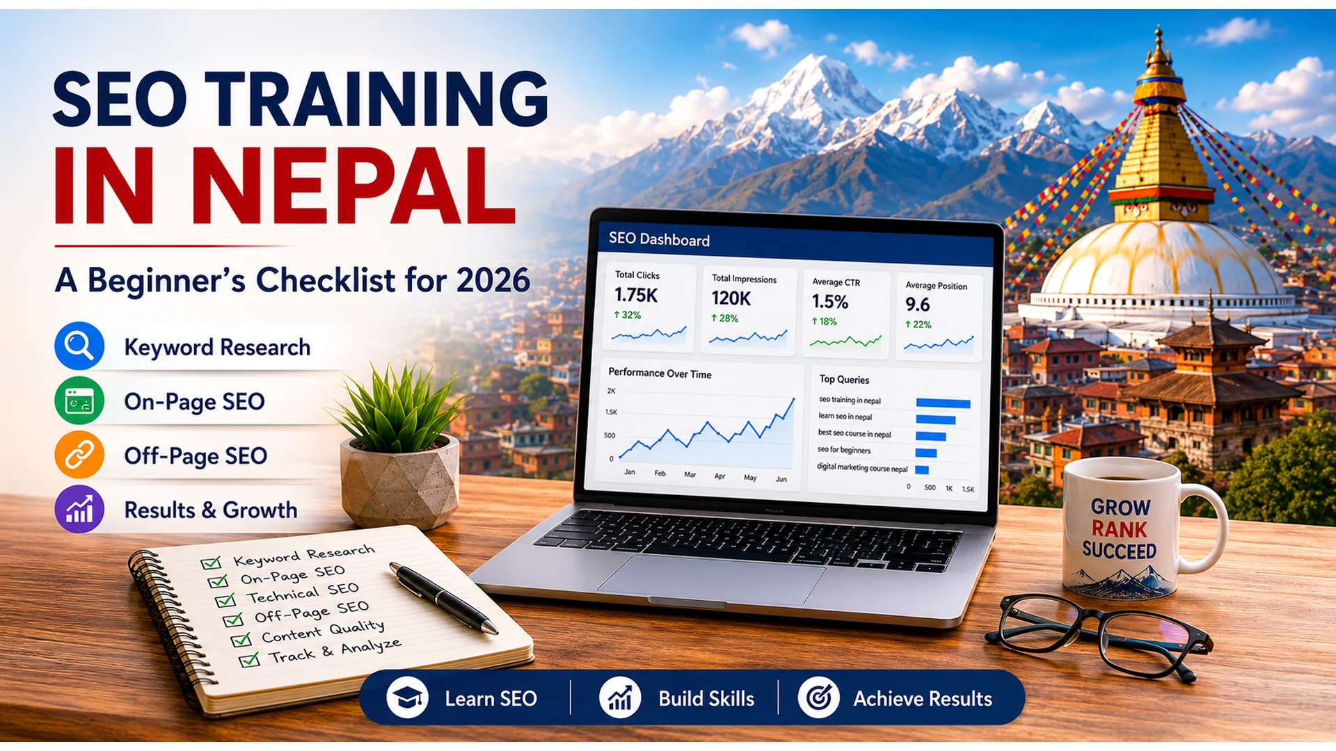 SEO training in Nepal beginner checklist with laptop dashboard and learning icons