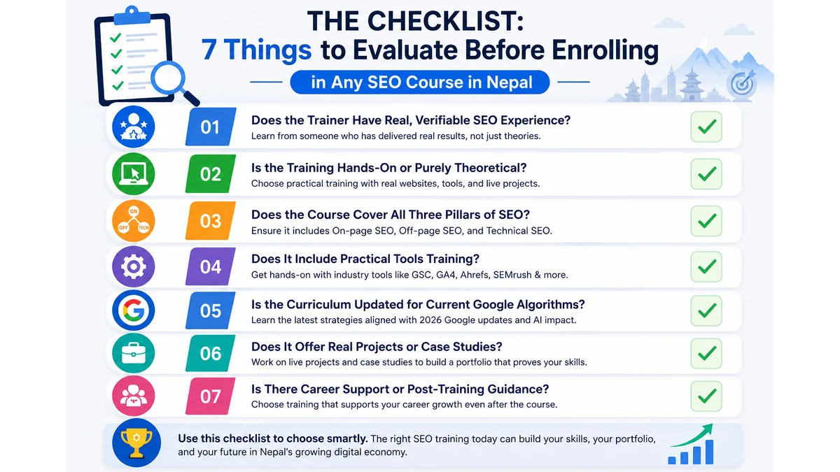 SEO training in Nepal checklist showing seven points to evaluate before enrolling