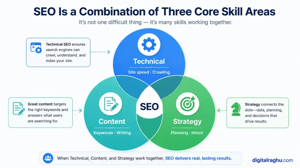 The three core skill areas of SEO: technical, content, and strategy
