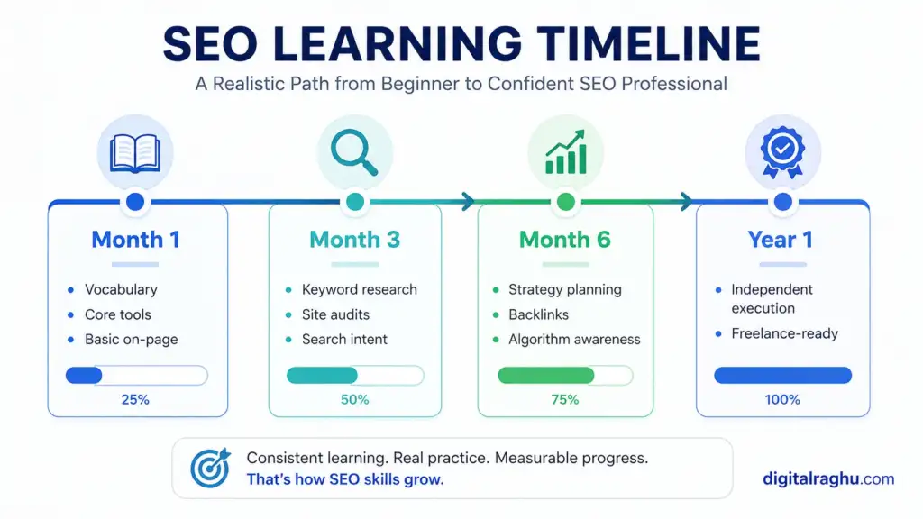 SEO learning timeline from first month to one year