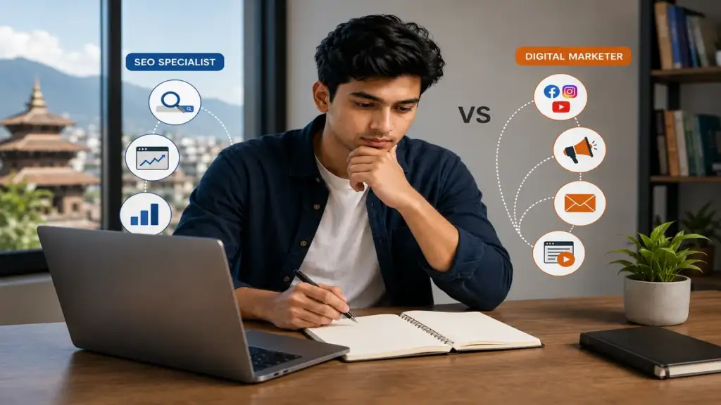 Nepali learner choosing between an SEO course and a digital marketing course