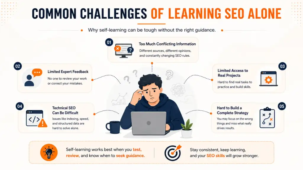 Common challenges of learning SEO alone, including conflicting information, limited feedback, technical issues, and lack of real projects.