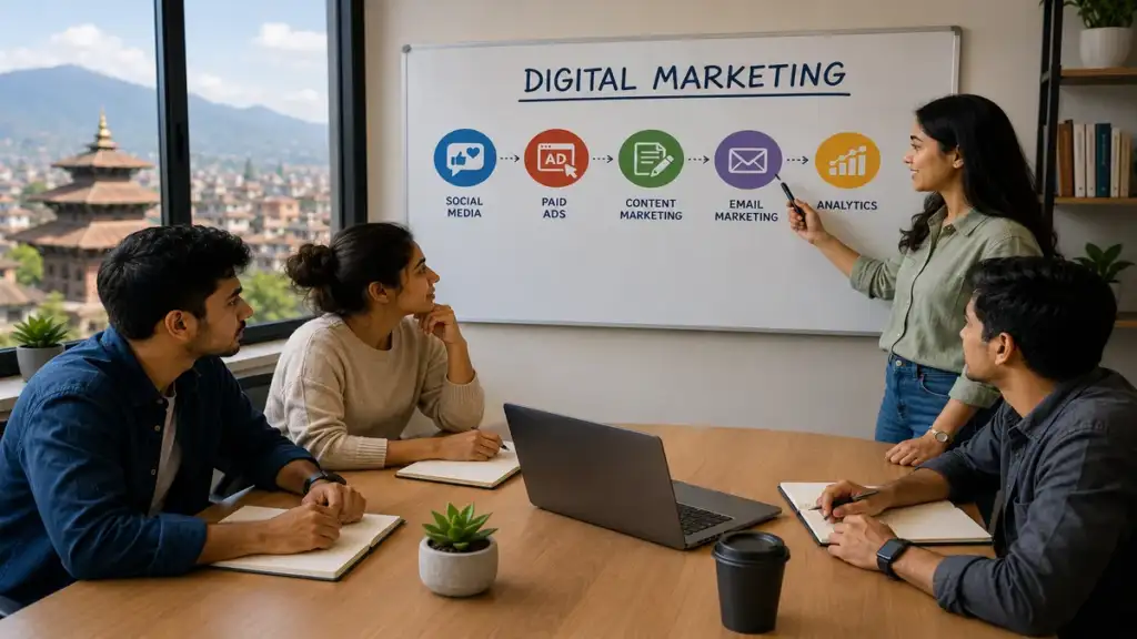 Nepali marketing team learning social media, paid ads, content, email marketing, and analytics