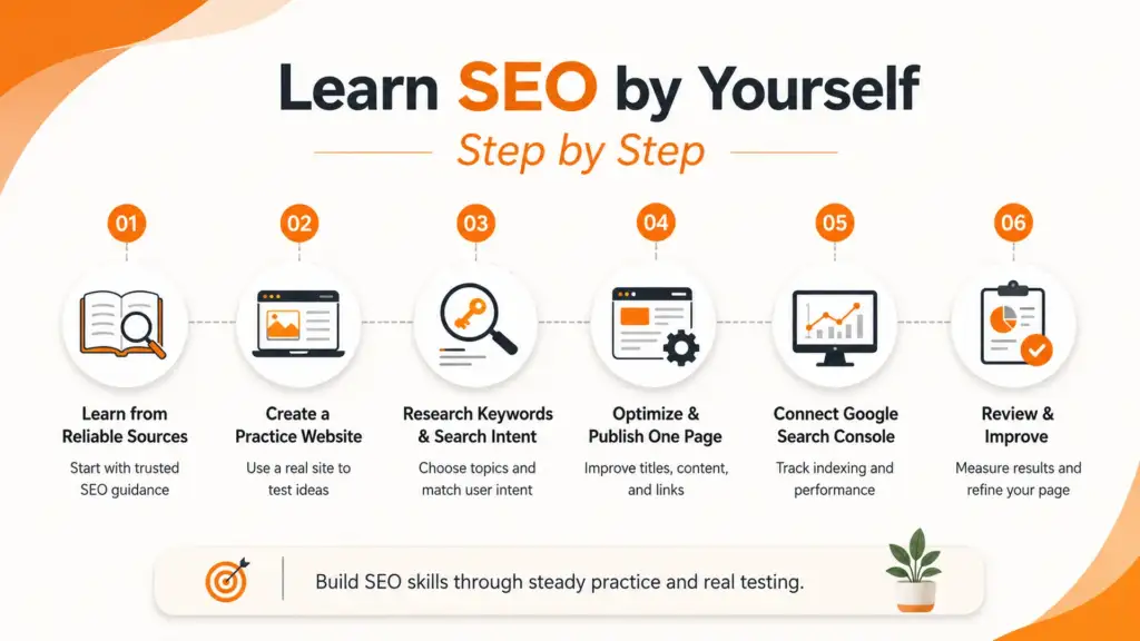 Six-step roadmap showing how beginners can learn SEO by themselves through research, practice, optimization, and performance review.
