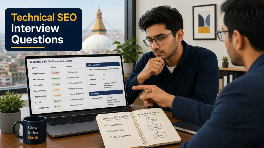 "Technical SEO audit showing website crawl issues, page speed, and structured data checks"