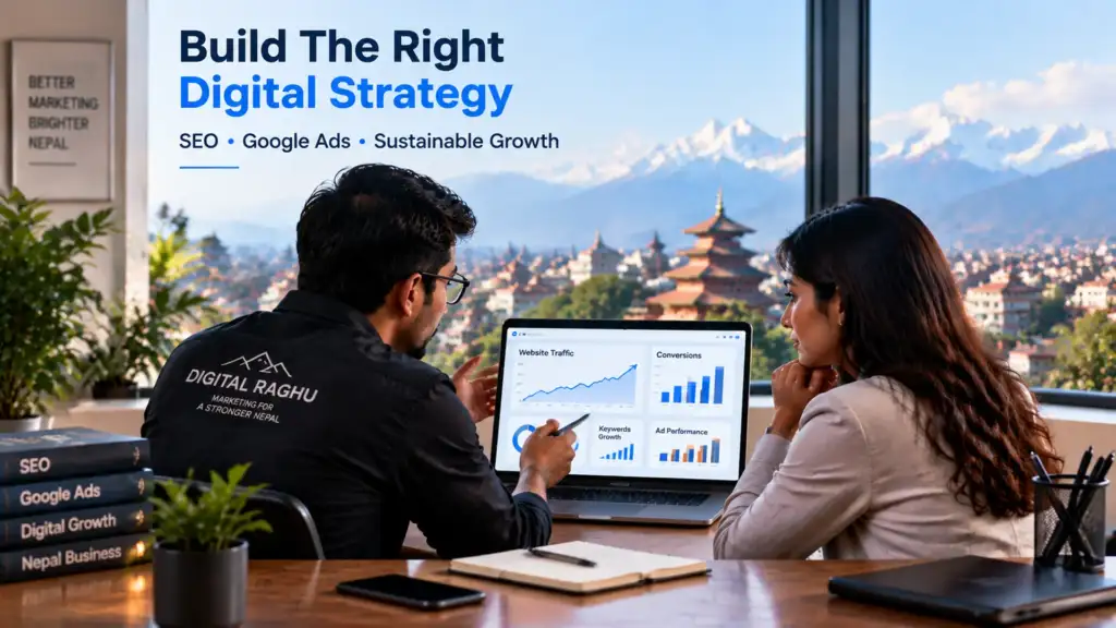 Digital marketing consultation showing SEO and Google Ads strategy for Nepal businesses