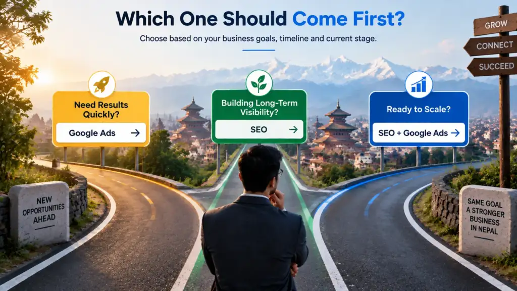 Decision framework showing when Nepal businesses should choose SEO, Google Ads, or both strategies
